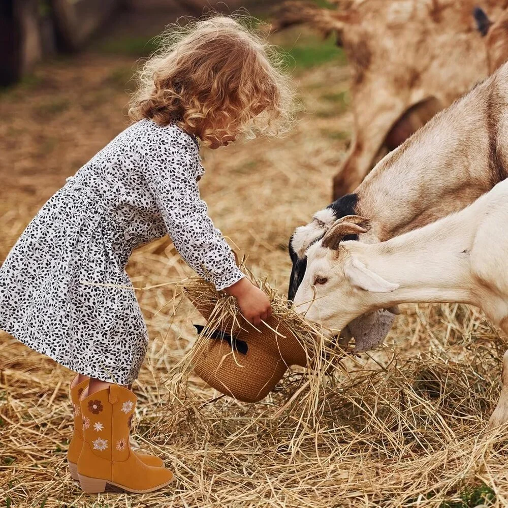 🆕Girls White Polyurethane Cowboy Floral Embroidered Western Cowgirl Boots